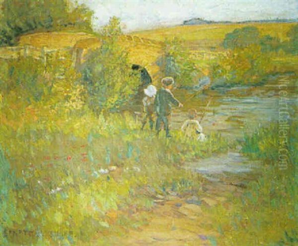 Children Fishing By A Bridge Oil Painting by Dorothea Sharp