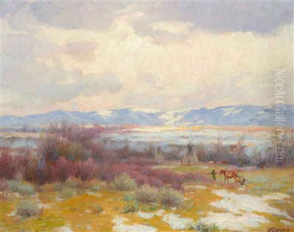 Crow Reservation, Winter [or] Indian Encampment Oil Painting by Joseph Henry Sharp