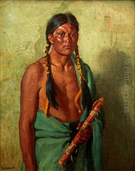 Jerry Taos With Lover's Flute Oil Painting by Joseph Henry Sharp