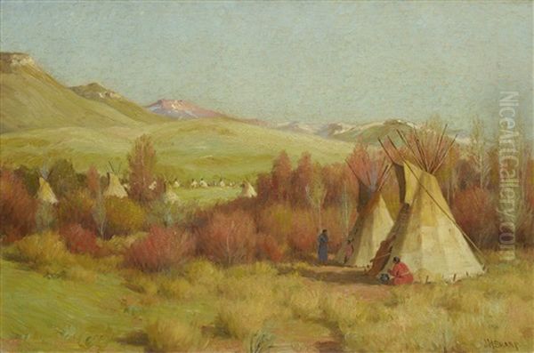Summer Camp Life, Crow Encampment, Little Big Horn, Montana Oil Painting by Joseph Henry Sharp