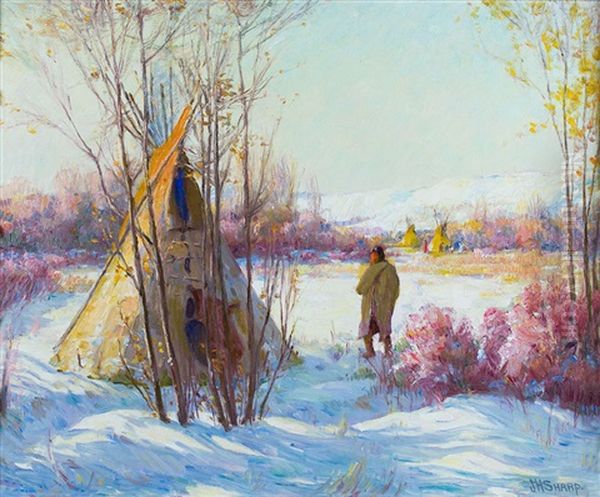 October Morning - Crow Tepees, Montana Oil Painting by Joseph Henry Sharp