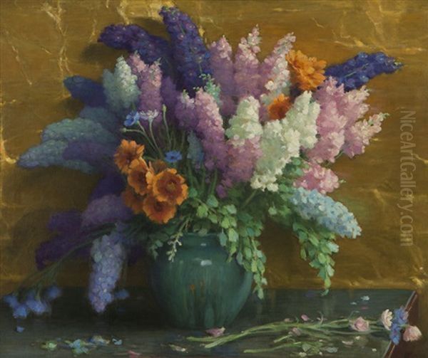 Still Life - Delphiniums In Green Vase Oil Painting by Joseph Henry Sharp