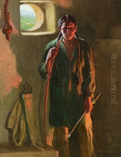 Hunting Son - Taos, Firelight And Daylight Oil Painting by Joseph Henry Sharp