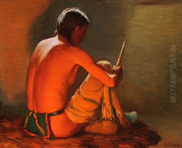 Indian Portrait By Moonlight & Firelight Oil Painting by Joseph Henry Sharp