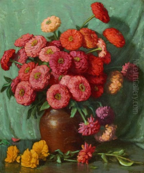 Zinnias Oil Painting by Joseph Henry Sharp