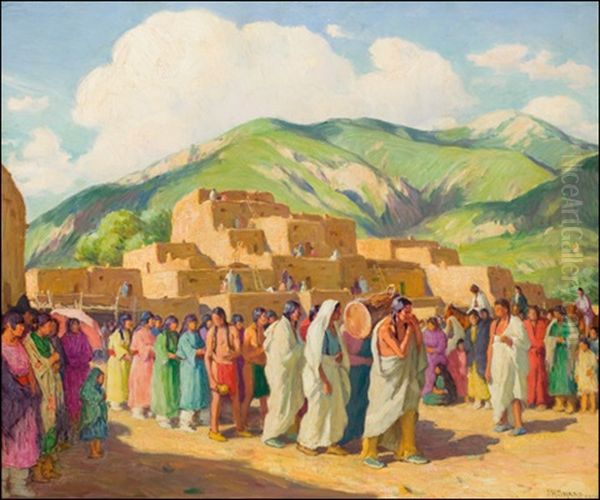 Fiesta Dancers Crossing The Plaza, Taos Oil Painting by Joseph Henry Sharp