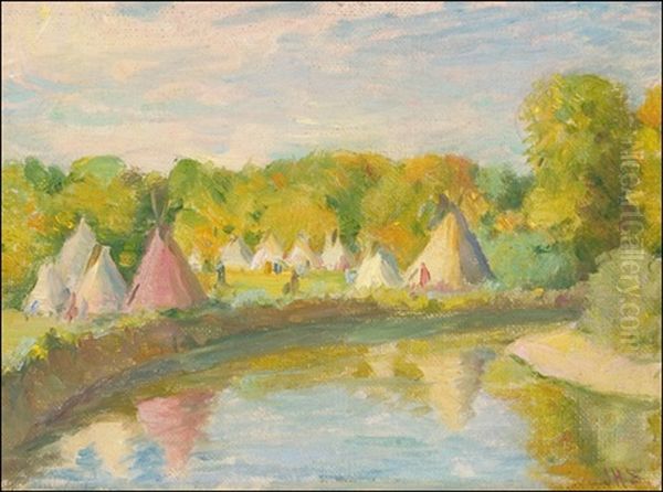 Crow Camp On The Little Big Horn Oil Painting by Joseph Henry Sharp