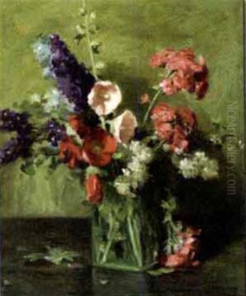 Floral Still Life In Green Glass Vase Oil Painting by Joseph Henry Sharp