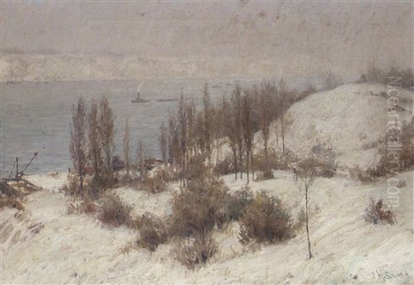 Winterliche Flusslandschaft Mit Lastkahnen Oil Painting by Joseph Henry Sharp