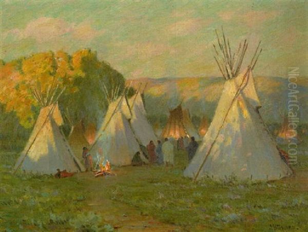 An Indian Encampment At Sunset Oil Painting by Joseph Henry Sharp