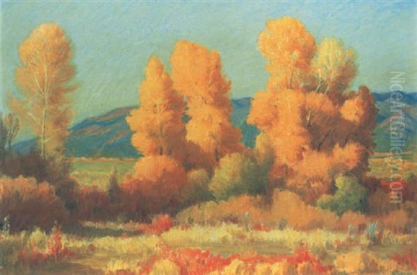 Autumn Cottonwoods, Near The Pueblo, Taos Oil Painting by Joseph Henry Sharp