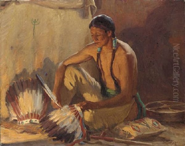 The War Bonnet Maker Oil Painting by Joseph Henry Sharp