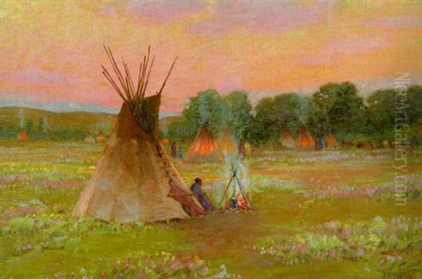 Little Big Horn, Indian Encampment, Montana Oil Painting by Joseph Henry Sharp