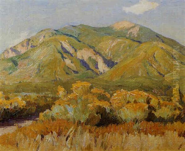 Taos Mountain And Rabbit Brush Oil Painting by Joseph Henry Sharp