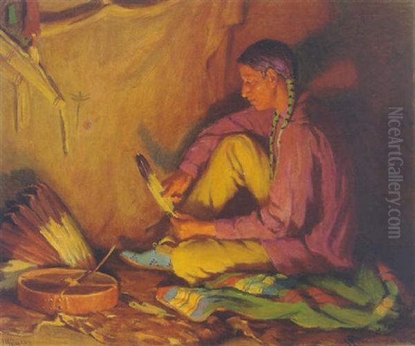 The War Bonnet Maker Oil Painting by Joseph Henry Sharp