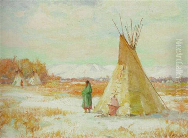 Winter Morning, Crow Reservation Oil Painting by Joseph Henry Sharp