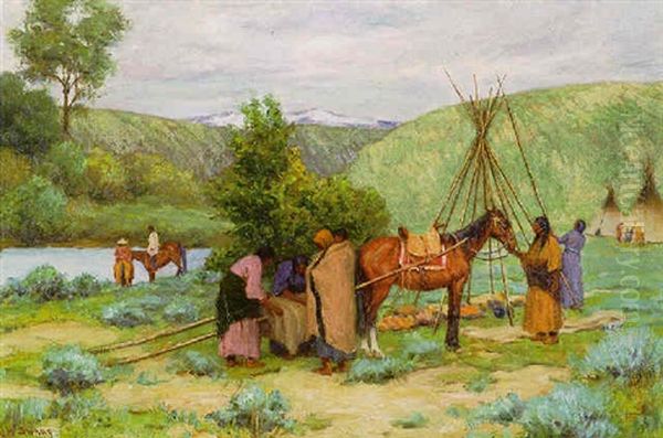 Setting Up Camp, Little Big Horn, Montana Oil Painting by Joseph Henry Sharp