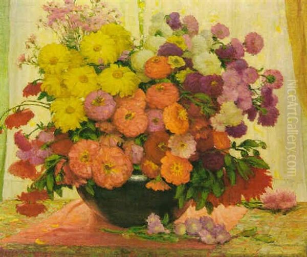 Bowl Of Asters In Front Of An Open Window Oil Painting by Joseph Henry Sharp