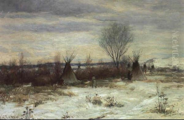 Plains Indian Camp In Snow Oil Painting by Joseph Henry Sharp