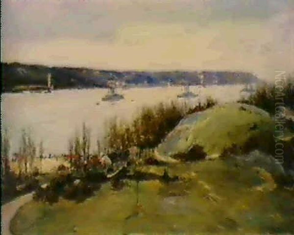 The Flagships Connecticut And Kansas Oil Painting by Joseph Henry Sharp