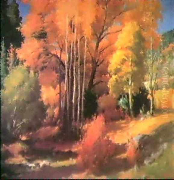 Aspens, Cottonwoods And Spruce,                             Taos Canyon Oil Painting by Joseph Henry Sharp