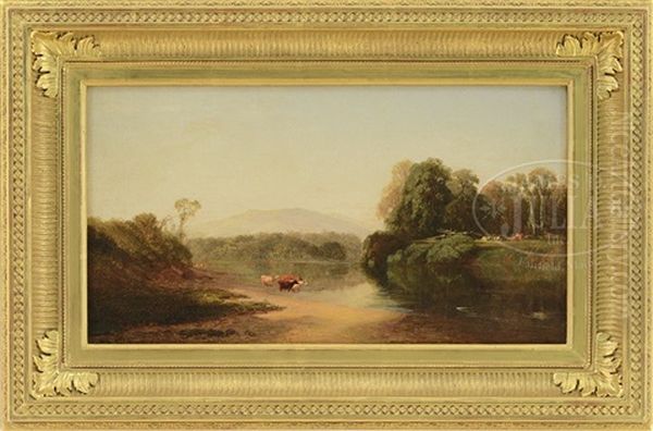 Panoramic Landscape With Cows By A River Oil Painting by Aaron Draper Shattuck