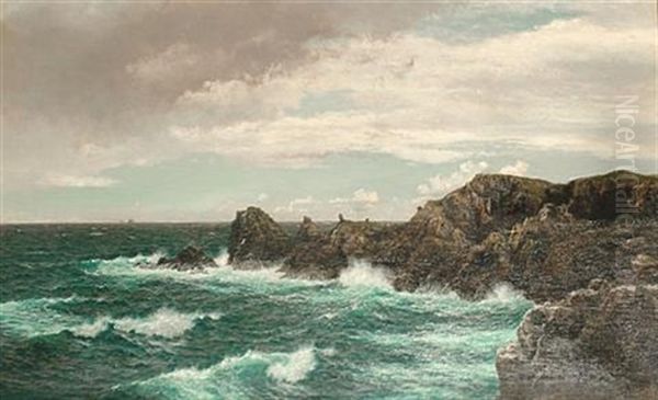 Waves Breaking On A Rocky Coastline Oil Painting by Walter Shaw