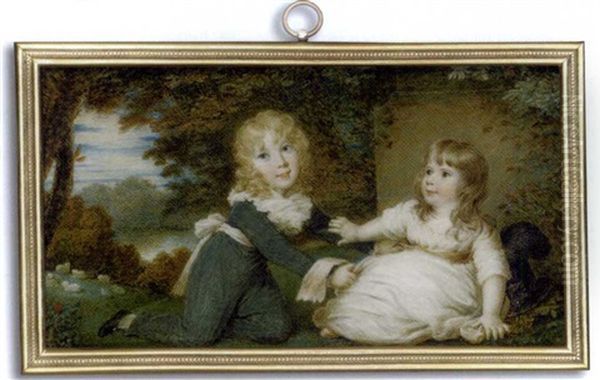 George And Charlotte Loftus As Children Seated On A Grass Bank; He, In Blue Trouser Suit, White Shirt With Large Ruffled Collar And White Sash, Long Curling Fair Hair, Holding His Sister's Pink Sash Oil Painting by Samuel Shelley