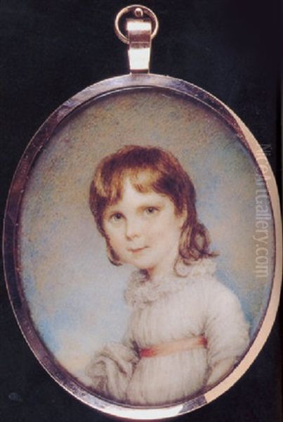 A Young Girl, In White Dress With High Frilled Collar, Pink Waistband And A White Shawl Draped Over Her Right Arm Oil Painting by Samuel Shelley