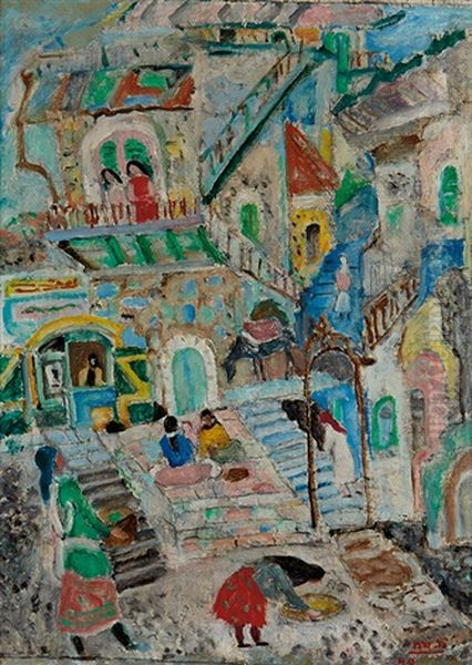 Courtyard In Safed Oil Painting by Menachem Shemi