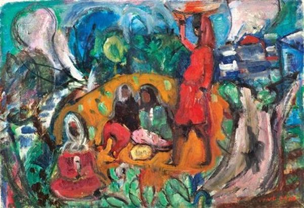 Women In The Village Oil Painting by Menachem Shemi
