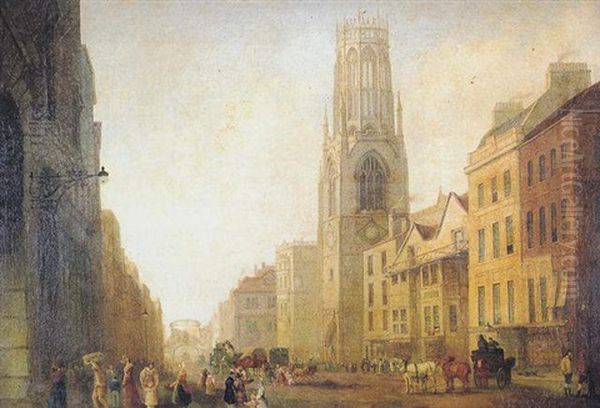 Numerous Figures With Horsedrawn Carriages In Fleet Street, 1840 Oil Painting by George Shepherd