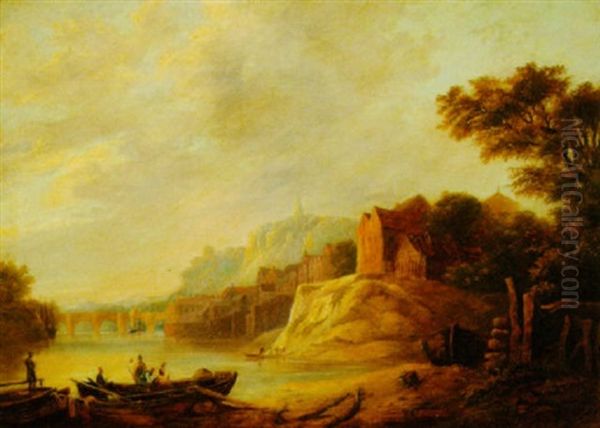 Riverscape With Cliffside Town And Fishermen Oil Painting by William P. Sherlock