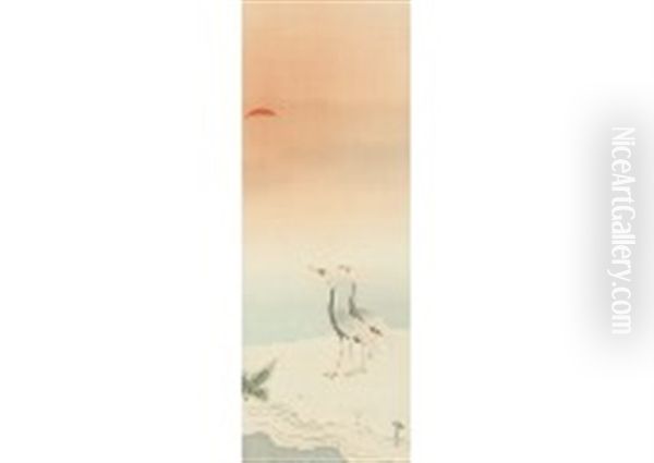 Two Cranes In Sunrise Oil Painting by  Shimomura Kanzan (Seizaburo)