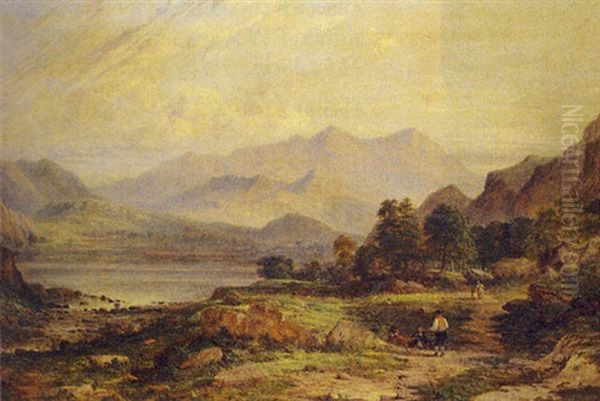Figures In An Extensive Landscape, Mountain Beyond Oil Painting by Benjamin Shipham