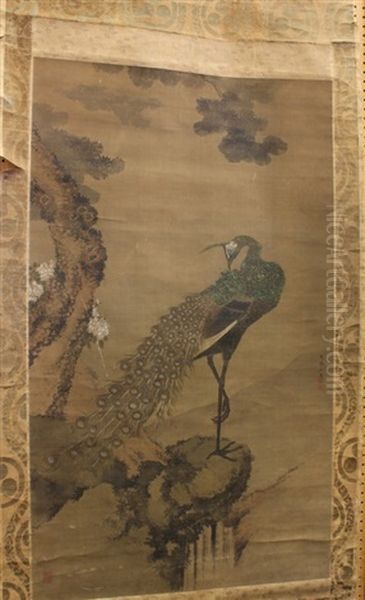 Peacock In A Landscape Oil Painting by Shiseki So Kankaku
