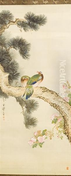 Kakejiku (a Long-tailed White Bird Looking Down At Another Brown Bird Looking Up) Oil Painting by Shiseki So Kankaku