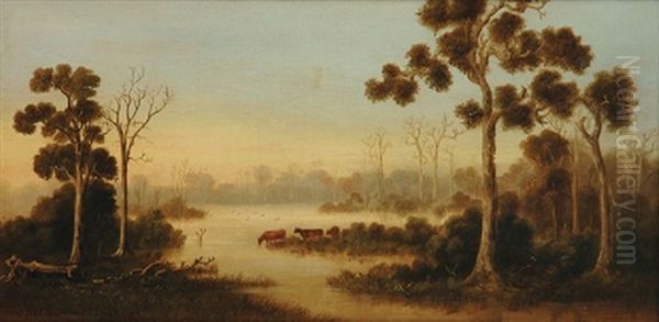 Cows And Misty Morning Oil Painting by William Short Sr.