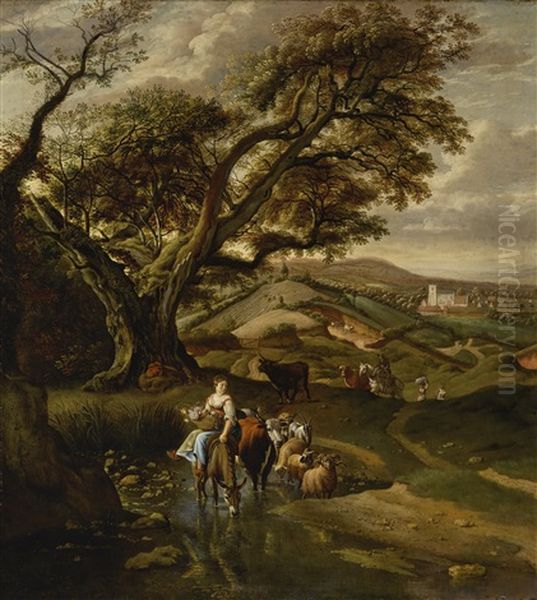 Pastoral Landscape With A Shepherdess On A Donkey Carrying A Basket Of Flowers, And Fording A Stream With A Village In The Distance And With A Church, Almost Certainly Edensor, Near Chatsworth, Derbyshire Oil Painting by Jan Siberechts