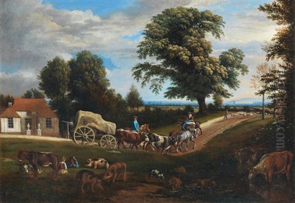 Drovers With Their Flock And Wagon On A Country Path Oil Painting by Jan Siberechts