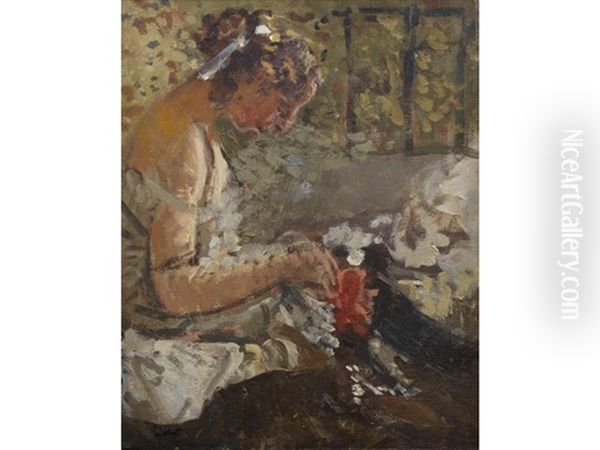 Girl On A Bed Sewing Oil Painting by Walter Richard Sickert