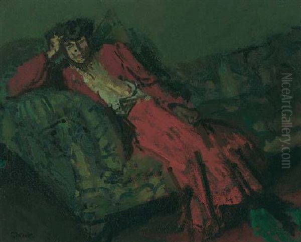 Woman In A Red Dress Against Green, Mrs. Neville Oil Painting by Walter Richard Sickert