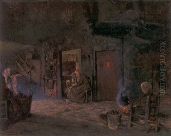 Rauchiges Interieur - Diele Mit Bauerin Und Kind Am Offenen Herdfeuer Oil Painting by Georg Siehl-Freystett