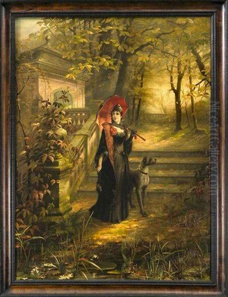 Galante Frau Mit Dogge In Herbstlicher Parkanlage Oil Painting by Adam Siepen