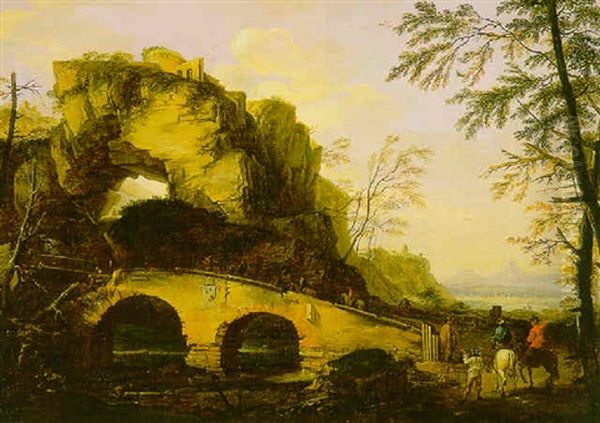 Travelers On Horseback Crossing Bridge Oil Painting by Giovanni Signorini