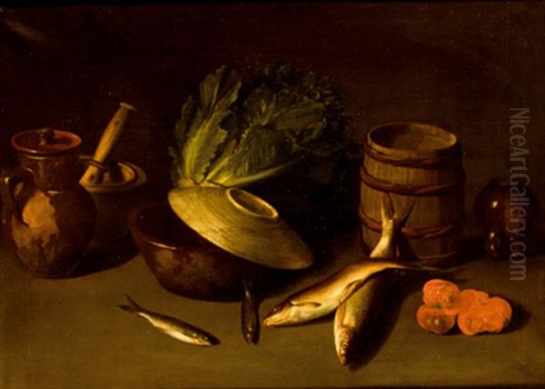 Bodegon Con Peces, Lechuga Y Cacharros Oil Painting by Joaquin Siguenza