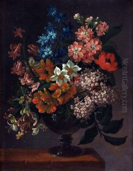 Still Life Of Mixed Flowers In A Vase On A Ledge (study) Oil Painting by James Sillett