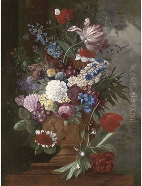 Tulips, Roses, Carnations, Auriculas And Other Spring Flowers In A Urn On A Ledge Oil Painting by James Sillett