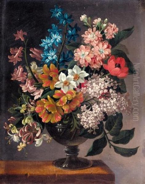 A Still Life Of Bluebells, Poppies, And Other Flowers In A Vase On A Ledge Oil Painting by James Sillett