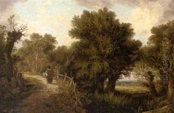 Figure By A Pond In A Wooded Landscape Oil Painting by James Sillett